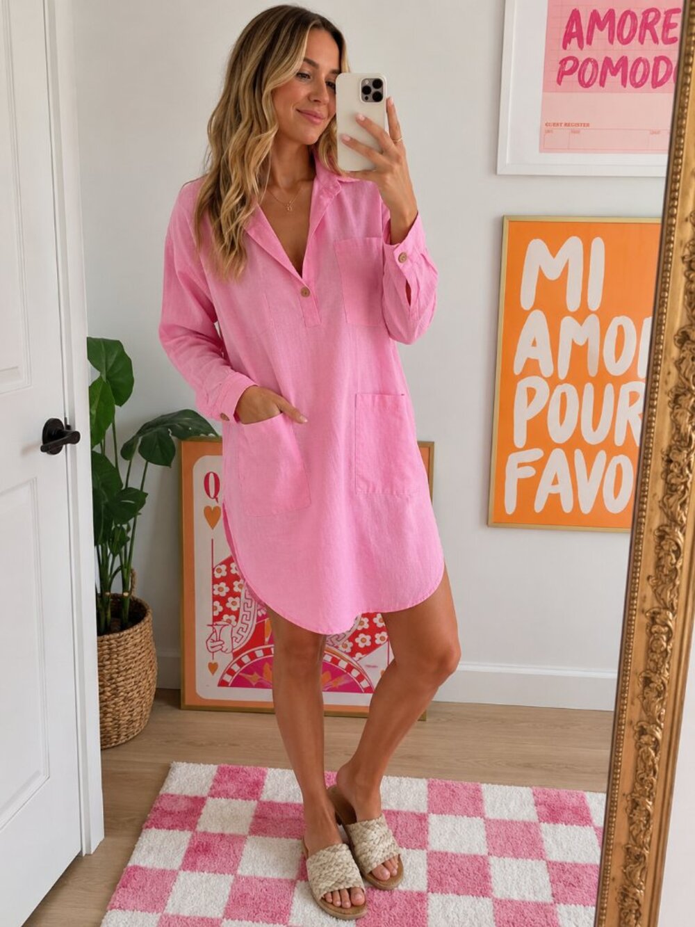Pink Linen-Blend Shirt Dress / Cover-Up, Cottagecore